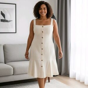 Maeve Anthropologie Cream Button Front Fit Flare Mini Dress XL Ivory Square Neck